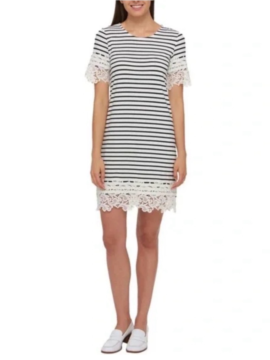 Tommy Hilfiger Black & White Striped Lace-Trim Mini Dress